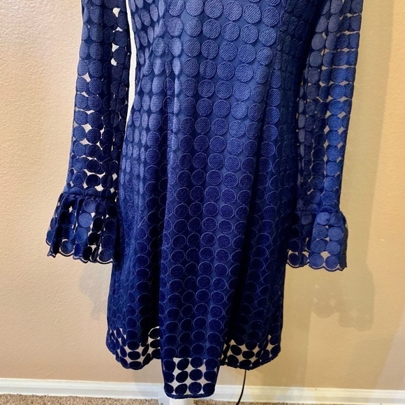 Trina Turk Dress Medium Navy Blue Mini Long Slvs Lace Dots Ruffle Neckline Cuffs - Picture 4 of 16